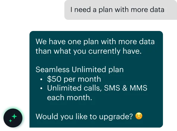 A support chat: the assistant answers a plan question and offers the upgrade