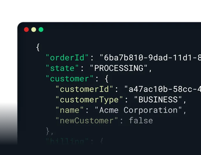 A JSON order from the Seamless OS API: an order in PROCESSING with its business customer