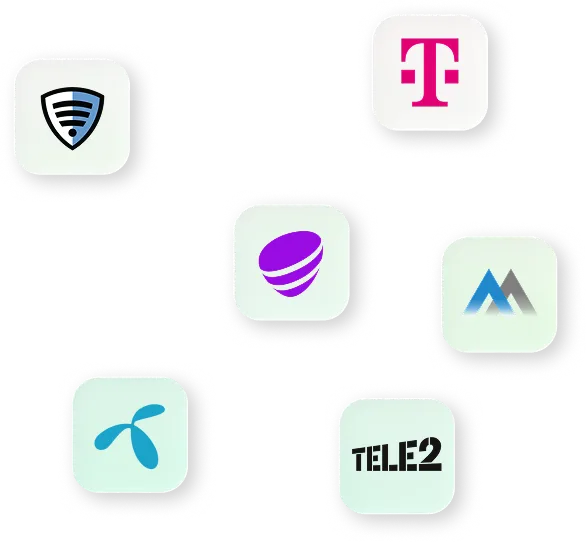 A scatter of network operator marks, Telia, T-Mobile, Telenor and Tele2 among them