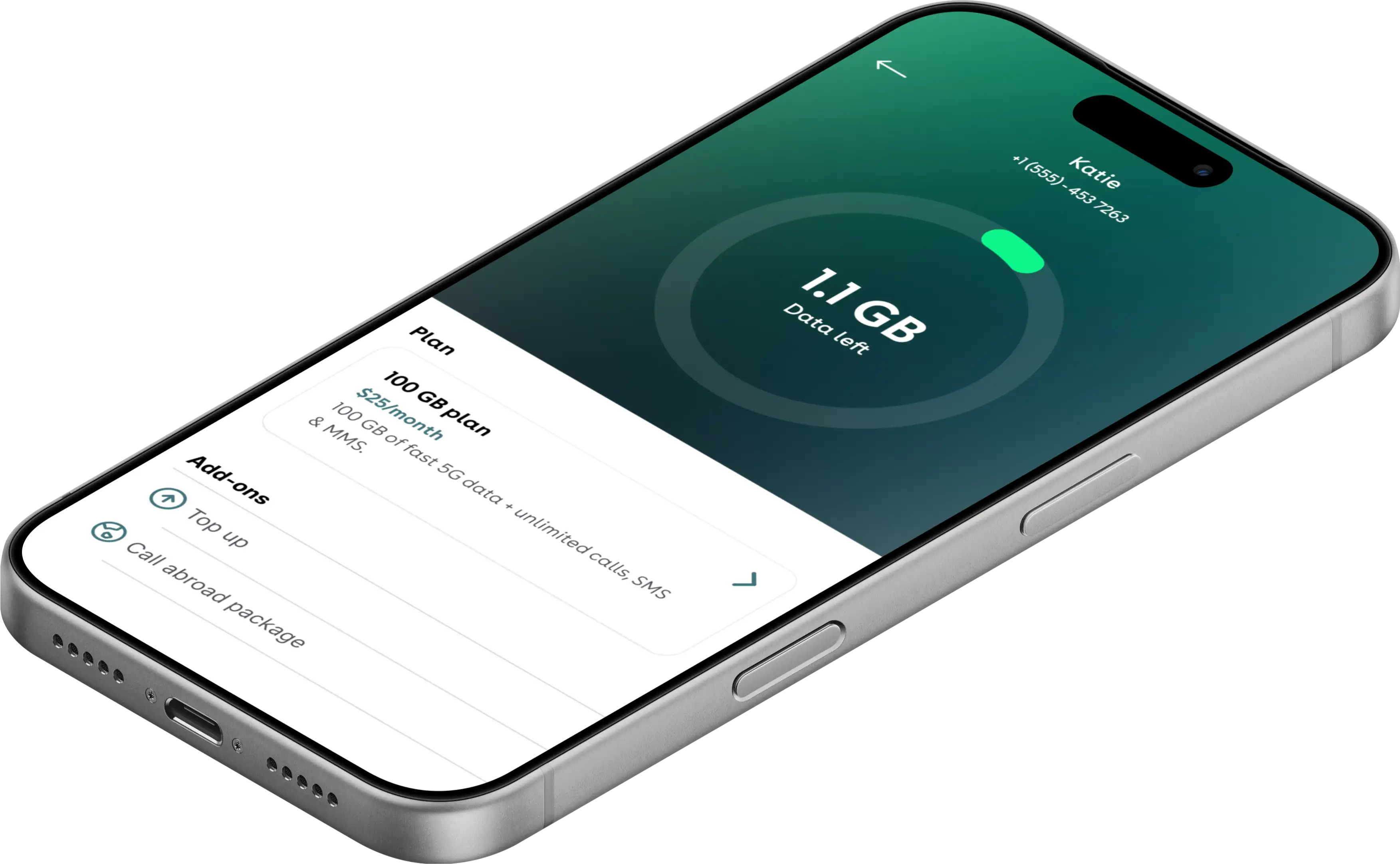The Seamless OS subscriber app on a phone, showing a plan’s remaining data, price and add-ons.